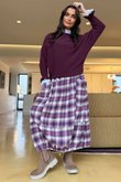 Roberta Plaid Brushed Cotton Balloon Hem Skirt Aubergine